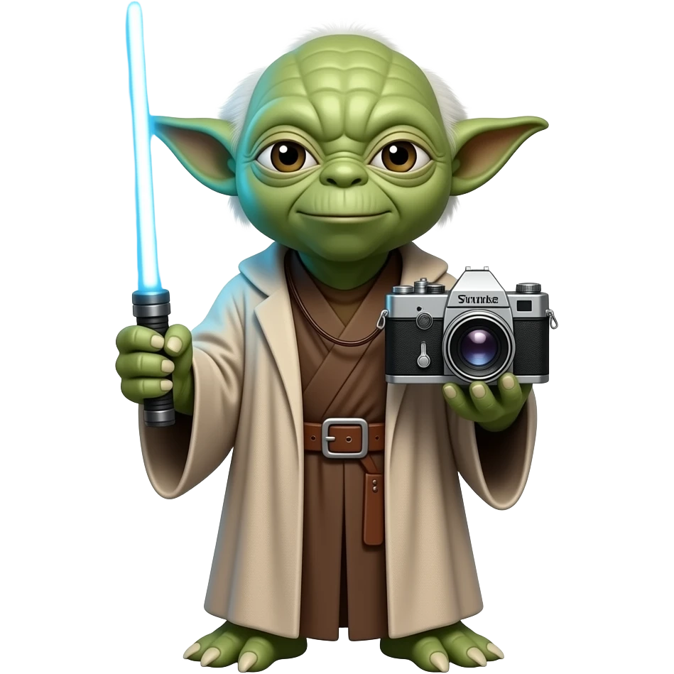 maitre yoda debout avec sabre laser  et appareil photo emoji