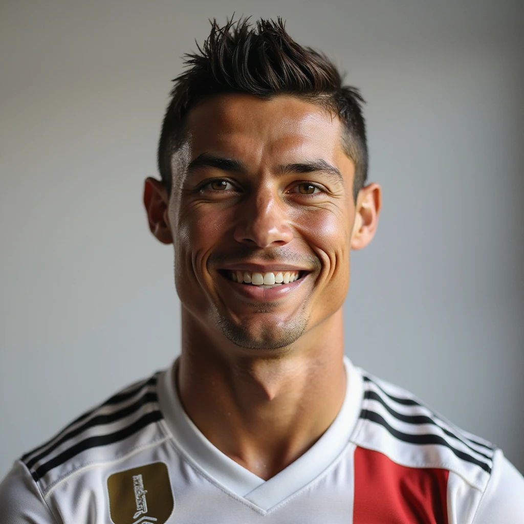 realistic portrait of Cristiano Ronaldo, photorealistic style, smiling, neutral background emoji