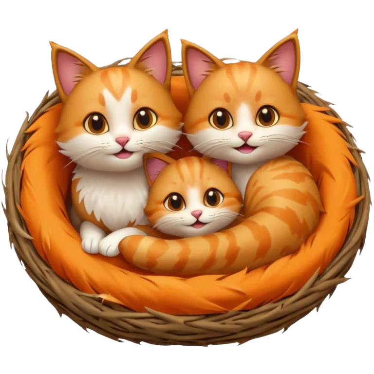 two playful cats sitting in a bird's nest, emoji style, tails curled, joyful emoji