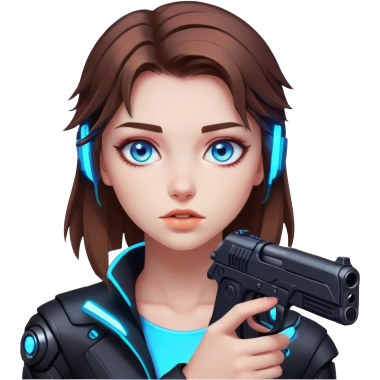 Neon cyberpunk style 
girl with brown hair and blue eyes 
shoots emoji