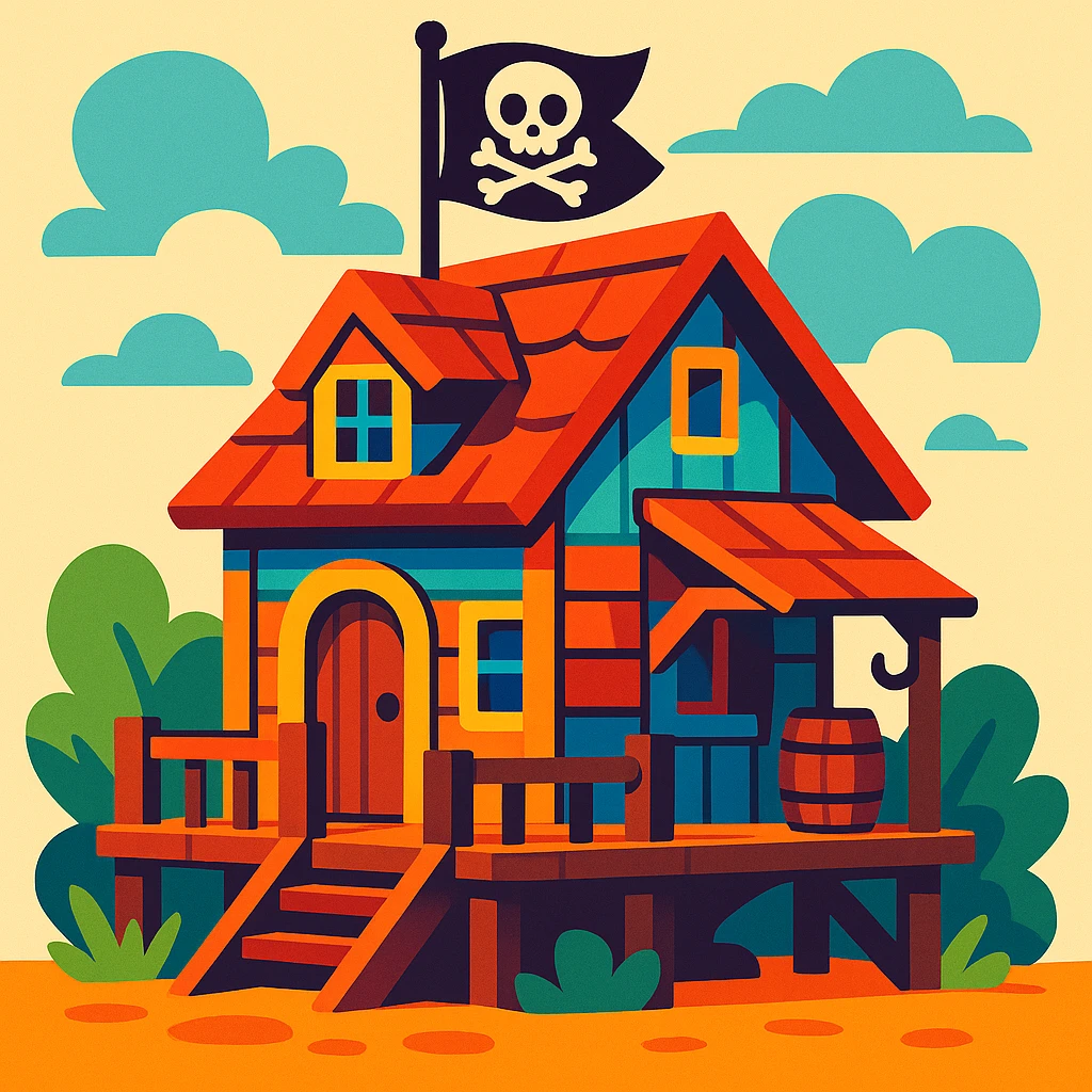 old pirate's house with skull flag emoji