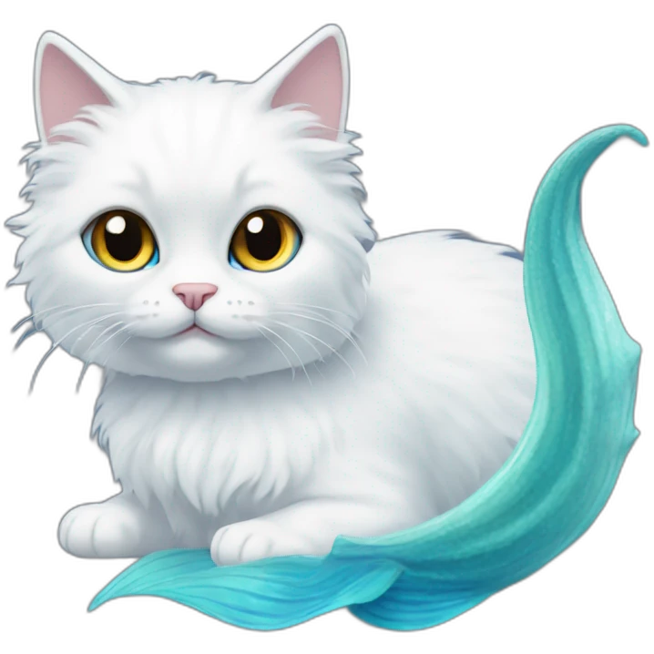 White fluffy cat with blue mermaid tail without legs emoji
