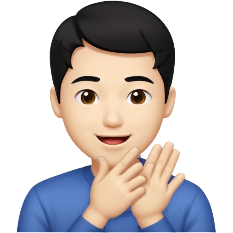 Asia guy black hair side part rubbing hand together and smirking with tongue out on the side a bit little eye and hands together emoji