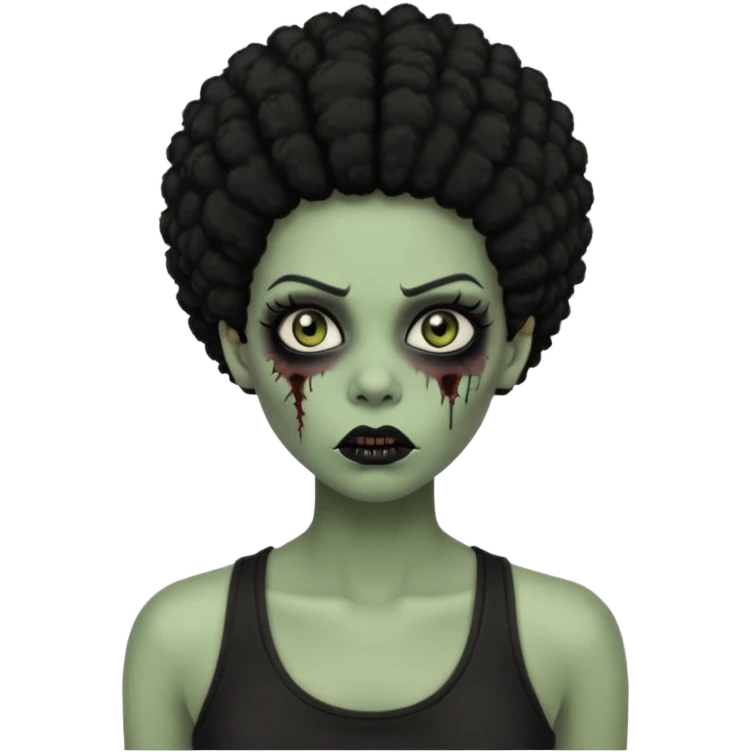 a female zombie with sage green skin, black afro hair, eyelashes and a black tank top emoji