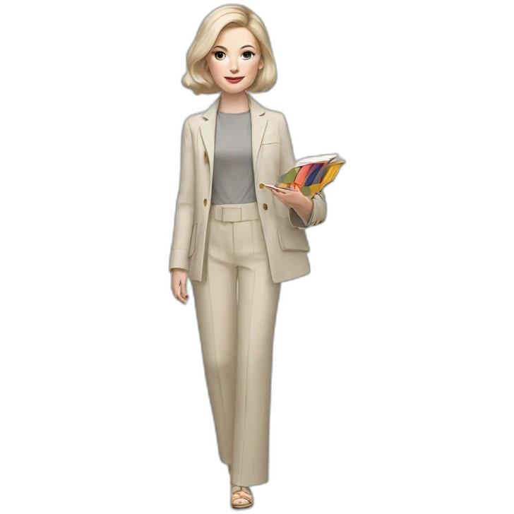 pale skin woman with ash blonde Straightened bob Hair, White Spacious classical jacket, beige palazzo Arrow pants and gray blouse holding a color palette in the hands emoji