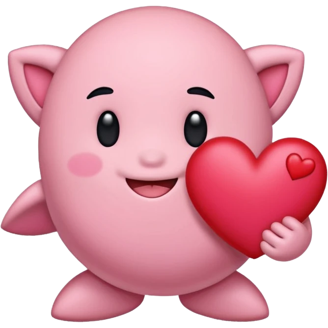 create a chibi sticker of Kirby smiling with a heart in his hands emoji