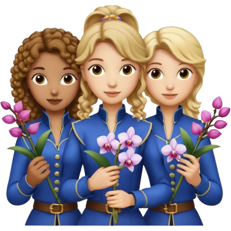 3 female musketeers, oneceith brown curly hair, one with straight blond hair, one eith blond hair on pony tail, all holding orchids emoji