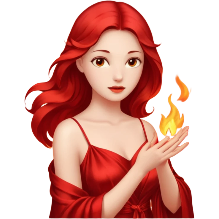 Woman slowly letting red silk fall from her shoulders, firelight flicker emoji