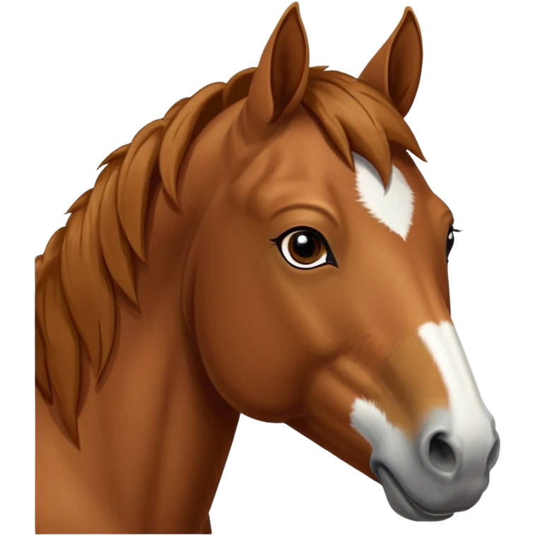 Head of a sorrel horse with a wide white blaze from his forehead, under his forelock, running down his face and under his muzzle, facing forward. White should go between nostrils and not on the side of the lips. emoji
