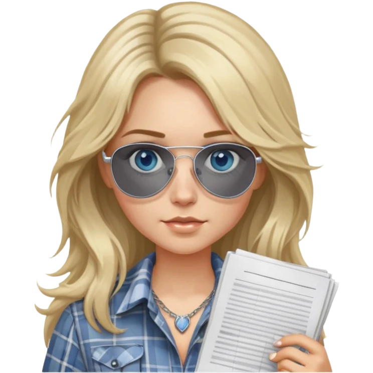 girl with long blond messy hair wearing grey plaid shirt with blue eyes and aviator sunglasses wearing a ring on her silver necklace, holding lawyer papers emoji