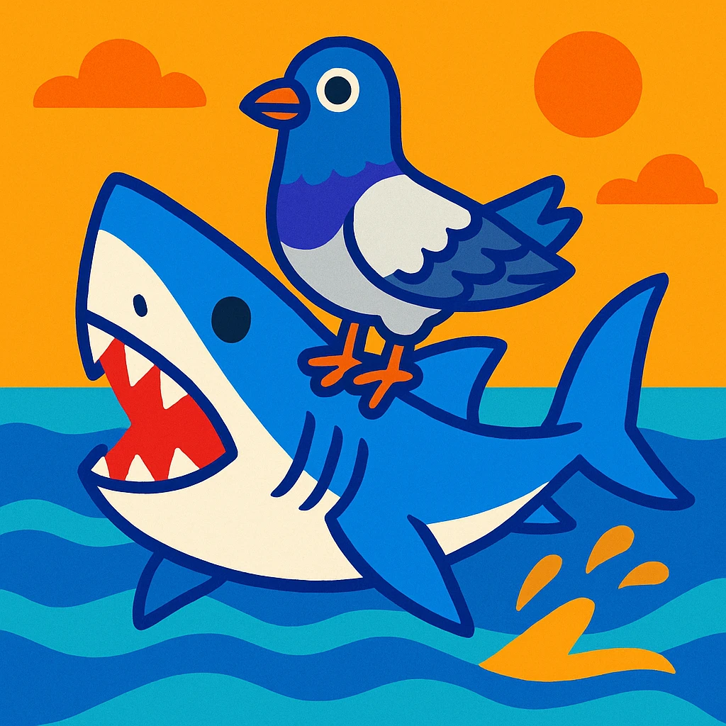 a pigeon riding a shark, vibrant cartoon style emoji