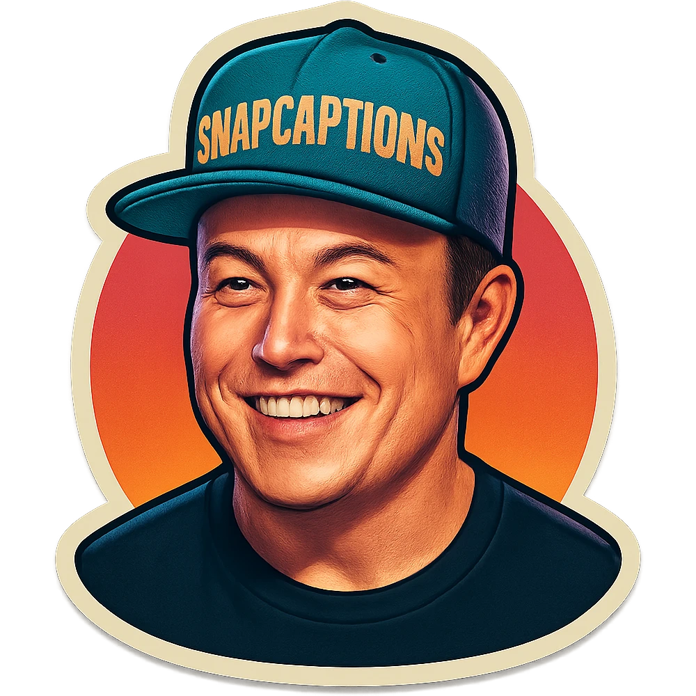 sticker of Elon Musk wearing a snapback cap with the name 'Snapcaptions', retro sticker style, vibrant and fun emoji