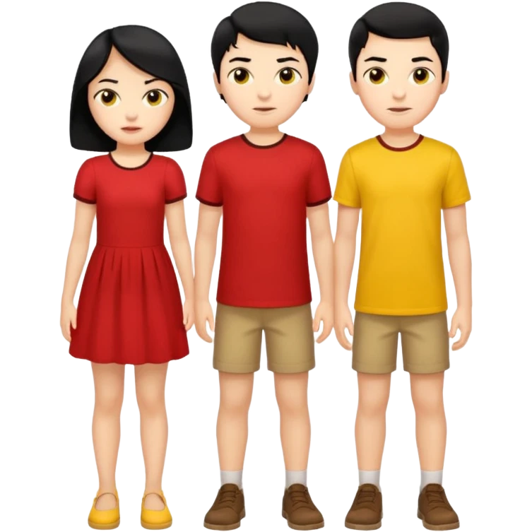 a boy with black hair and red shirt is between the legs of a girl with black hair and yellow dress emoji