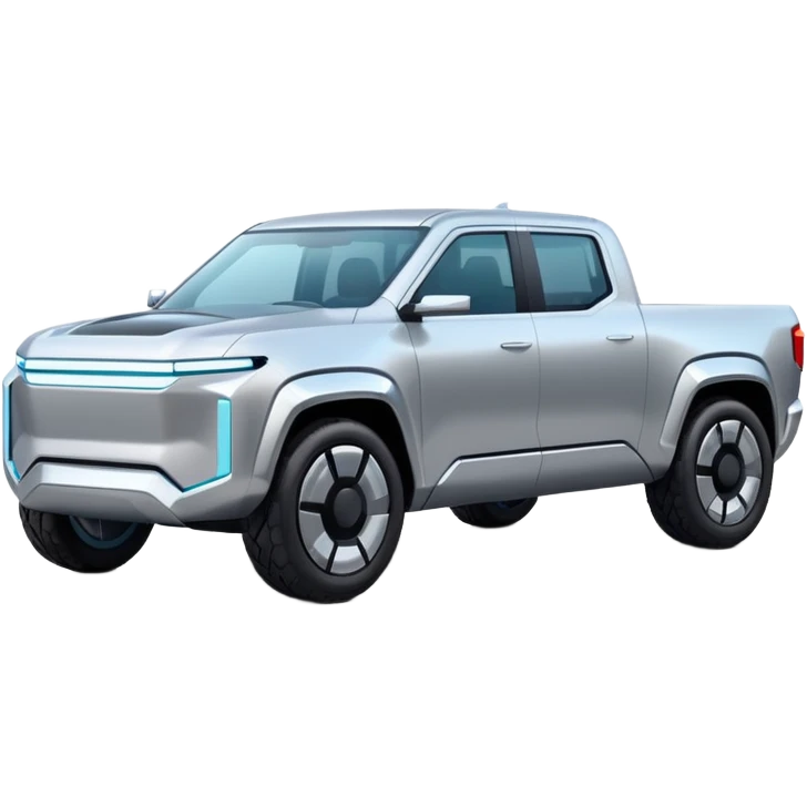 A futuristic electric pickup truck emoji, silver chrome body, angular cyber design, smooth metallic panels, subtle reflections, minimalistic proportions, iOS emoji style, centered composition, clean white background, soft lighting emoji