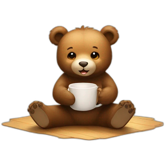 Cute bear sitting on floor with a cup of tea motioning for viewer to sit next to him emoji