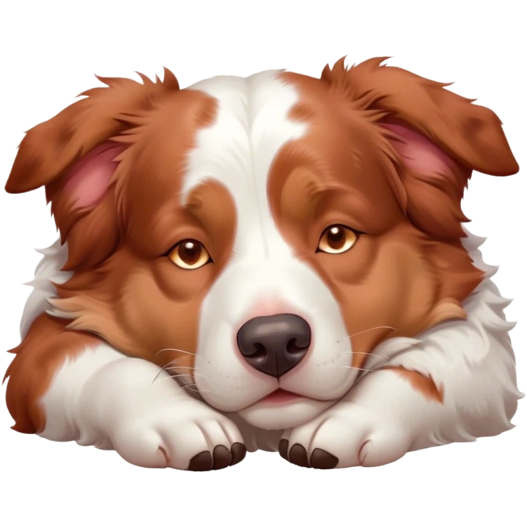 Cinematic Chubby Sleeping Red and White Merle Australian Shepherd Portrait Emoji, Chubby and serene, with a round, adorable build and a striking red and white merle coat, eyes gently closed in peaceful slumber, Simplified yet irresistibly endearing features, highly detailed, glowing with a gentle, dreamy glow, high shine, relaxed and content, stylized with a touch of whimsy, bright and heartwarming, soft glowing outline, capturing the essence of a blissfully sleepy herder, so comically serene it feels like it could roll out of the screen and snore with adorable charm! emoji