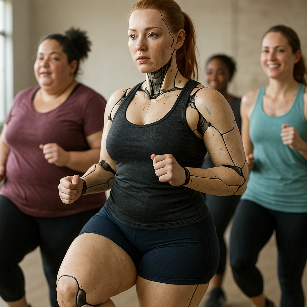hyper realistic 4K gynoid woman training in a group, fat on legs and thighs, social atmosphere, realistic details emoji