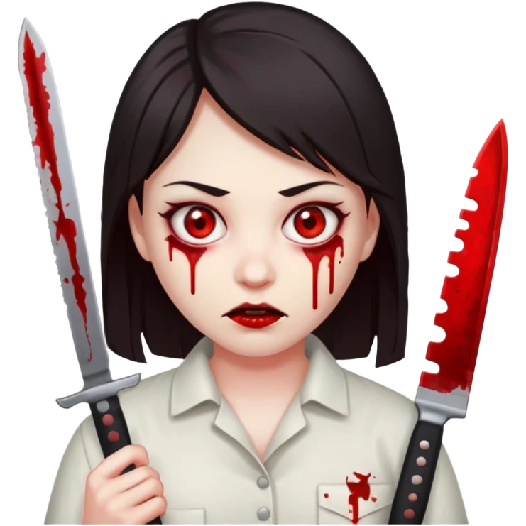RED EYES, EVIL EMOJI, KILLER EYES, DARK HAIR, BLOODY EYES, KNIFE IS IN THE HAND emoji