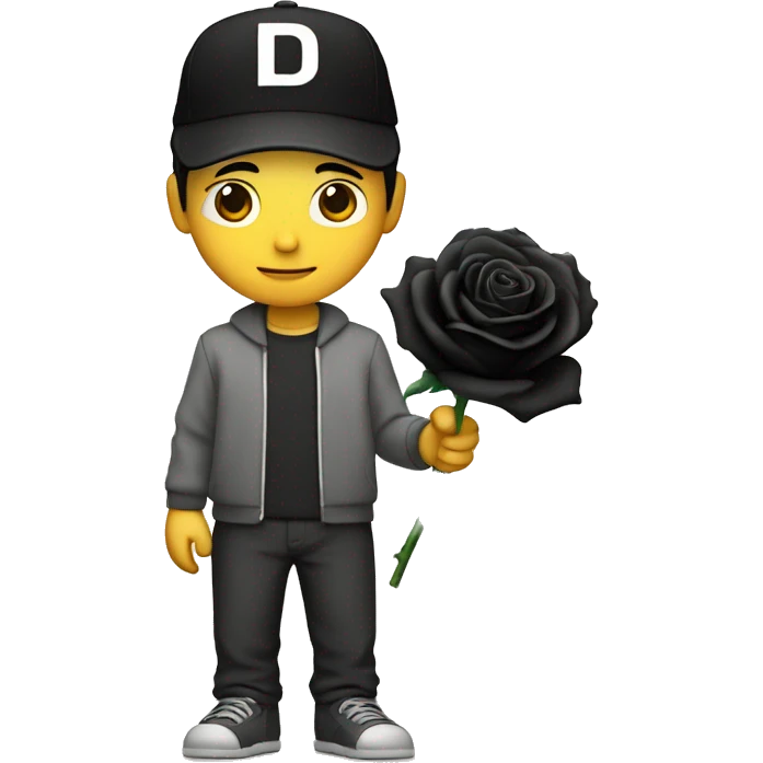 an asian man stands still with a "D" written cap holds a black rose emoji