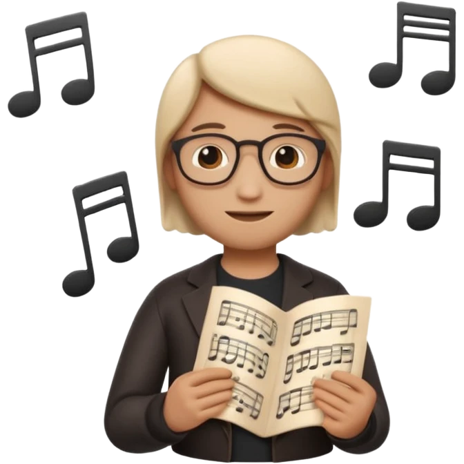 Apple Memoji-style 3D emoji of a composer holding sheet music, soft shading, rounded shapes, no background. emoji