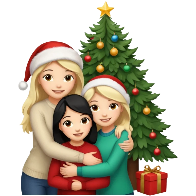 Generate Christmas-style emojis  family. Where light-skinned people stand near the tree all together, hugging and smiling. 2 girl should be Light-haired woman, 1 woman black-haired woman, and add 1 man  emoji