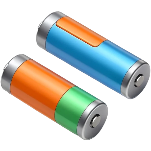 pair of cylindrical batteries with metallic tops and colored bands (orange, blue, or green) to indicate charge, positioned side by side or slightly angled, visible terminals, clean minimal design, no packaging, charger, or device, soft lighting, subtle shadows, emoji scale emoji