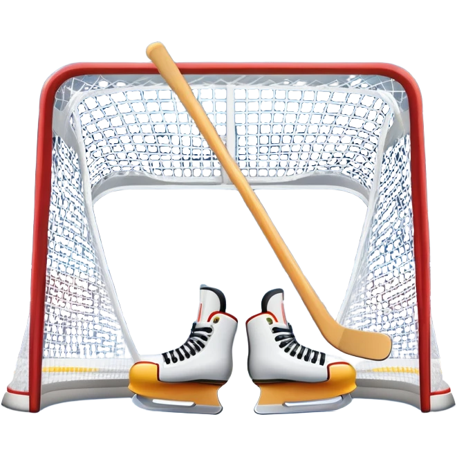 An icon showing a close-up of a hockey stick, puck, skates, and hockey net placed on the ice. The background features a packed stadium with bright lights, cheering fans, and snowy scenery outside. Transparent background highlights the key elements of the game. emoji