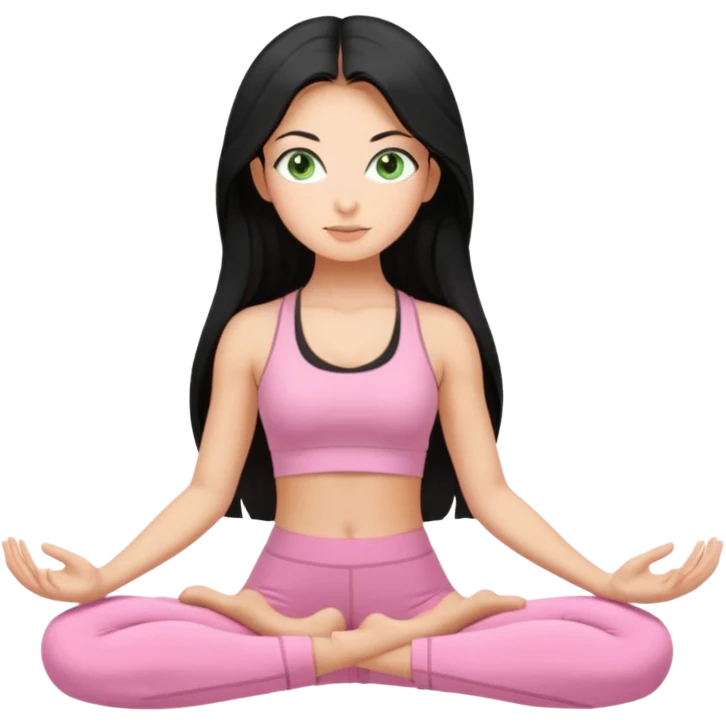 Tan Girl with super long black hair with light green eyes doing yoga with light pink clothes emoji