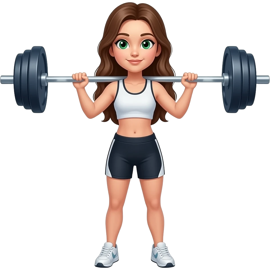 Can you make a young woman standing with barbell weights, where she is holding the barbell on her shoulders? Where she has green eyes and medium long brown hair. Where you can see her from top to toe emoji