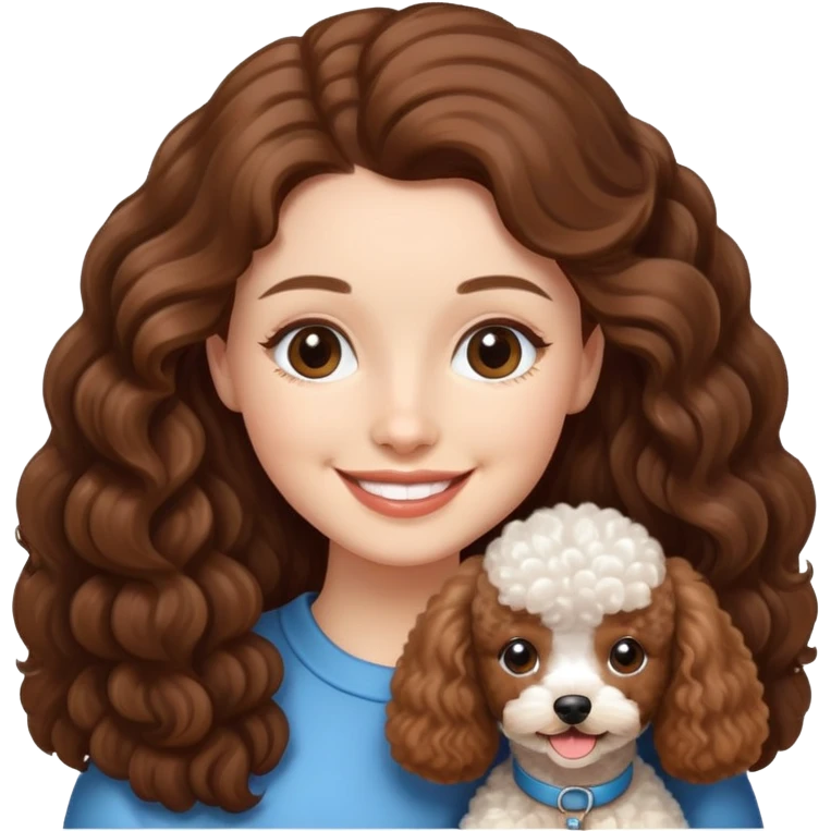 A girl with long brown hair wrapped around a Mini poodle emoji