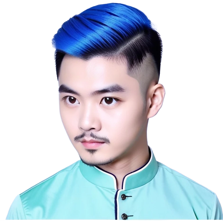 Nam 15 tuổi, da trắng, tóc under cut màu xanh lá cây vuốt ngược ra sau, mắt đen, áo khoác da màu cam , bên trong mặc áo cộc tay màu trắng, đeo khuyên tai màu bạc, mặt ngầu emoji