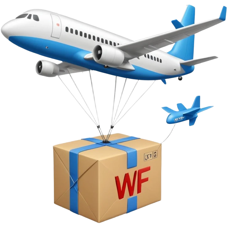 Plane dropping a parachute holding a box with the letters “WF” large and bold on the side  emoji
