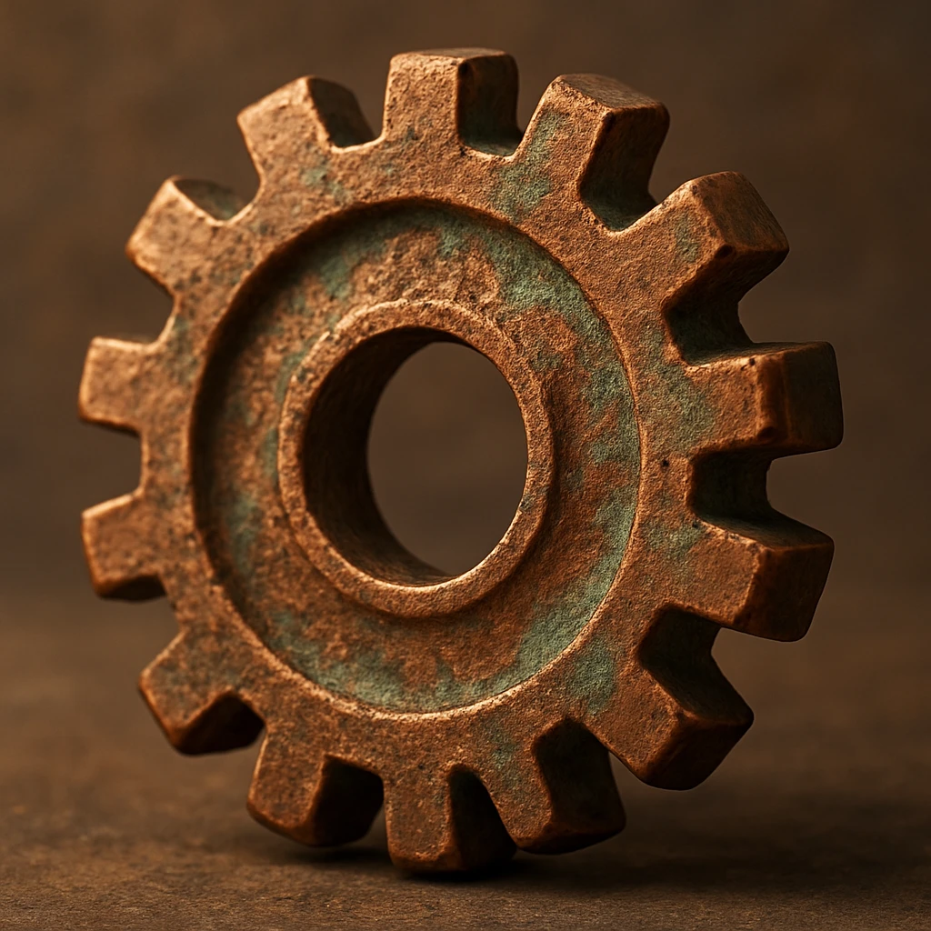 copper gear with a weathered surface, detailed highlights, and a hint of green patina emoji
