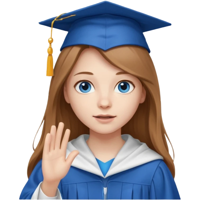 light brown haired girl with long hair, blue eyes, pale skin, wearing graduation regalia with white hood, throwing cap emoji