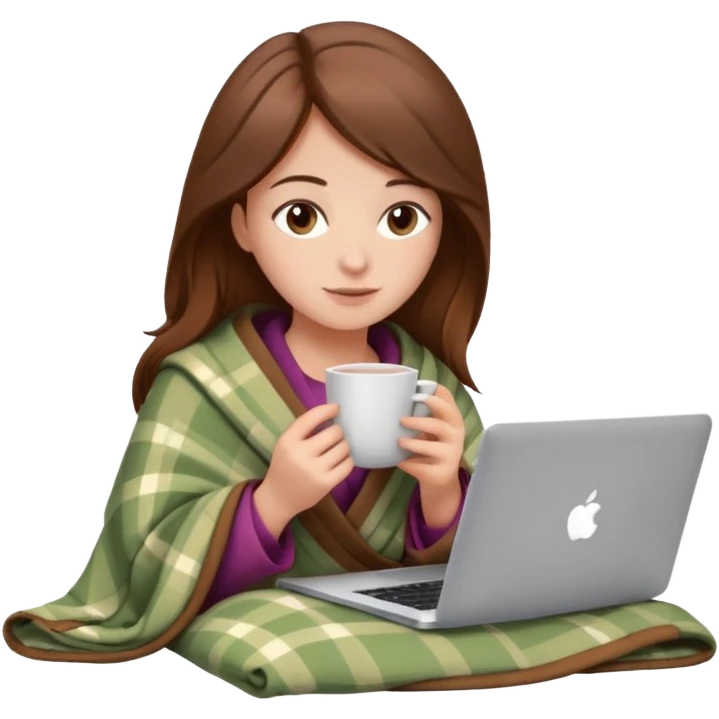 Girl with brown hair in blanket with macbook studying or drinking a tea emoji