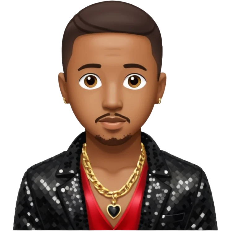 Marques Houston with dark brown hair, black sequin jacket, shirtless with necklace emoji
