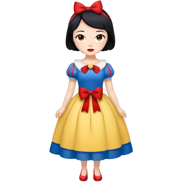 full body Snow White with blue and yellow dress, short black hair with red bow, minimal style emoji