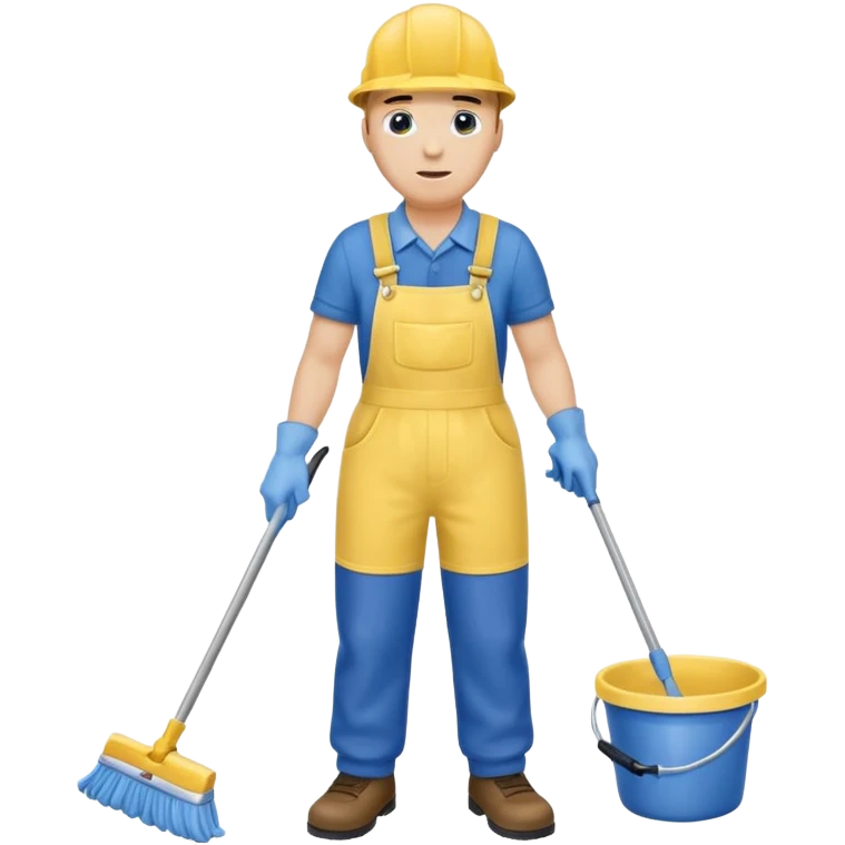 Custodian with yellow rubber gloves, blue overalls mopping floor emoji