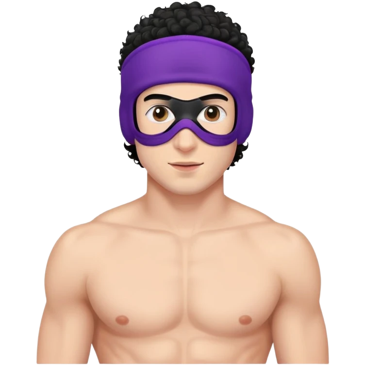 shirtless athletic man with white skin and black curly hair, wearing a purple ski mask emoji