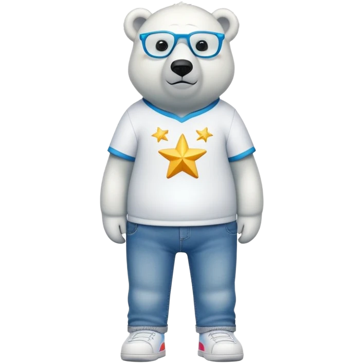 friendly anthropomorphised polar bear standing upright, looking chilled and unbothered, wearing a shirt, jeans, trainers, star-shaped colorful glasses emoji