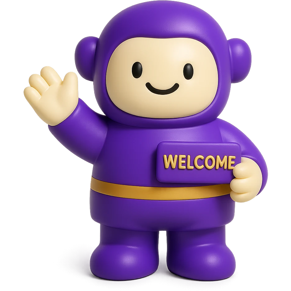 friendly mascot character standing front-and-center, one arm raised in a welcoming wave, holding a small 'Welcome' sign in gold letters, outfit in Qame purple (#4B2091) with gold accents, soft drop shadows, simple light-grey gradient background emoji