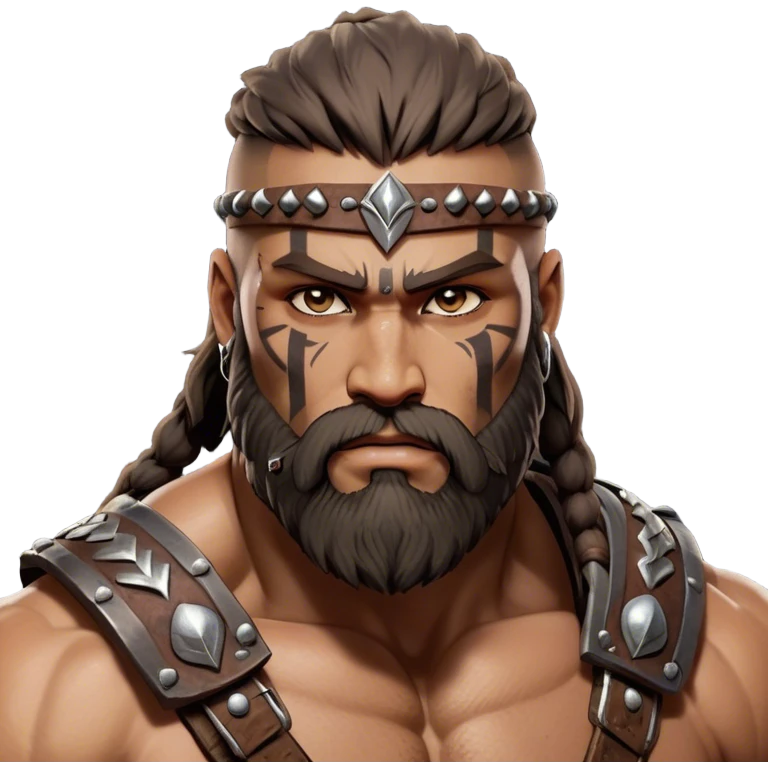 Clash of Clans aesthetic: Cinematic Rugged Barbarian Portrait Emoji, Intense and formidable with a heavily muscled physique, a rugged beard, piercing eyes, and battle-worn armor adorned with tribal markings, his face showcasing a realistic tan skin tone, Simplified yet powerfully detailed features, highly detailed, glowing with a deep, primal energy, high shine, gritty and uncompromising, stylized with an air of raw, untamed power, focused and determined, soft glowing outline, capturing the essence of a barbarian warrior carved by countless battles and poised to lead his clan into epic conflict! emoji