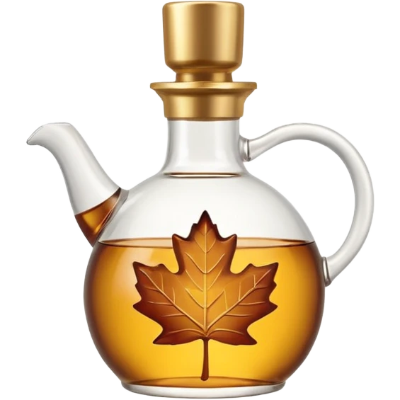 small maple syrup jug, glass, filled with golden-brown syrup, rounded with handle, gold or dark cap, syrup visible, glossy, maple leaf, 3D-rendered, minimal, no faces, transparent background emoji