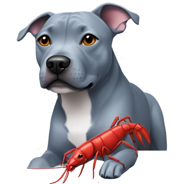 Blueish gray Staffy with a red crayfish toy  emoji
