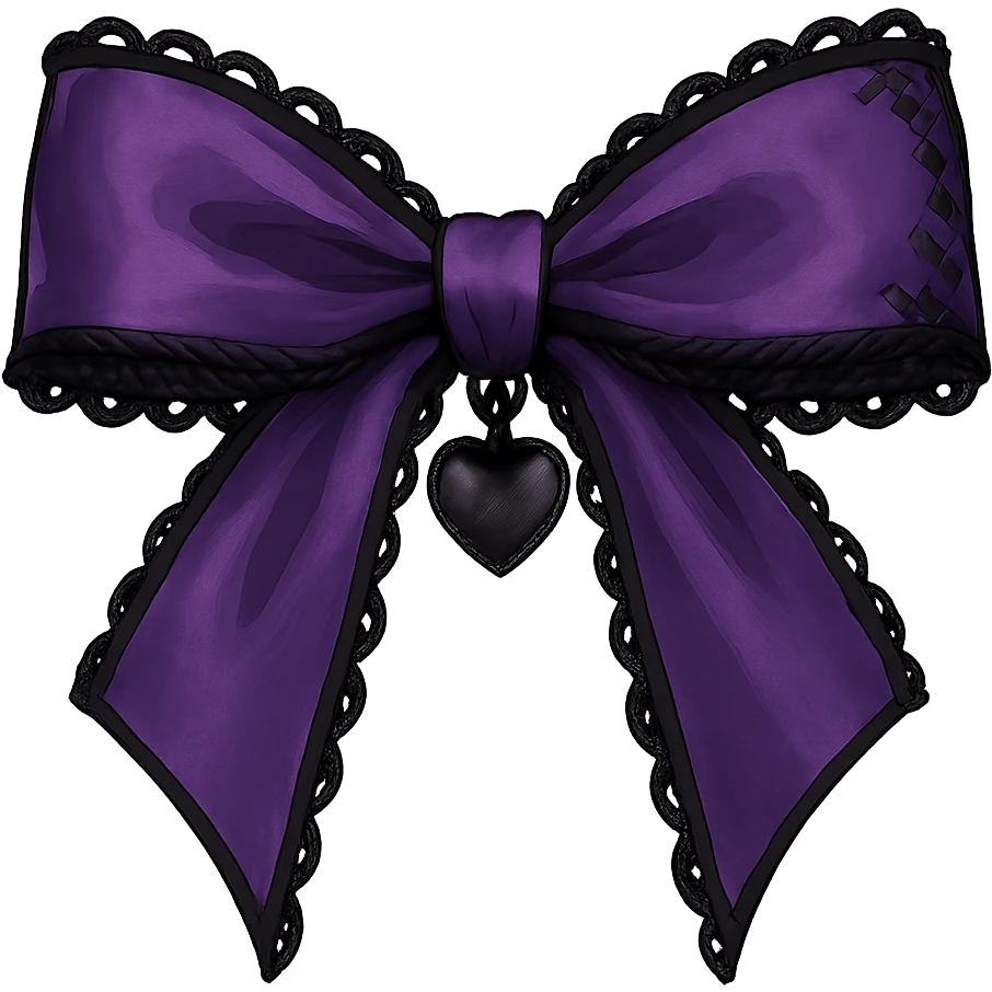 Purple gothic bow with black lace trim and heart charm, remove background emoji