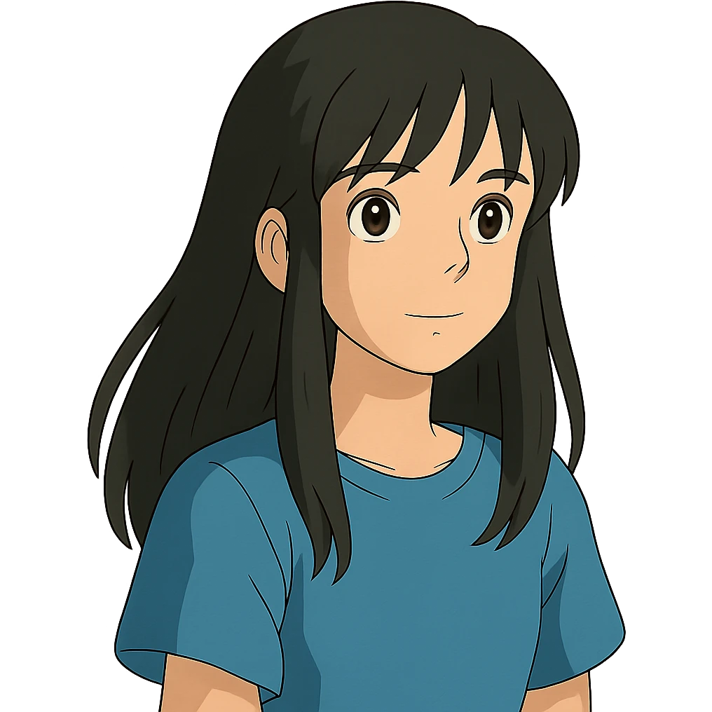 ghibli style teenager girl with black long hair and blue shirt emoji