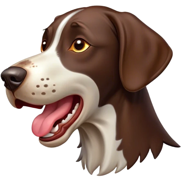 Cinematic Comical German Pointer Dog Portrait Emoji, Head tilted dramatically while yawning exaggeratedly, sleek brown and white fur, Simplified yet hilariously adorable features, highly detailed, glowing with an almost sarcastic glow, high shine, a mix of lazy and curious, stylized with a touch of playful whimsy, bright and alert but with a comical expression, soft glowing outline, capturing the essence of a mischievous yet overly dramatic dog, so meme-worthy it feels like it could leap off the screen and sassily demand attention, ready to become the internet’s next viral sensation! emoji
