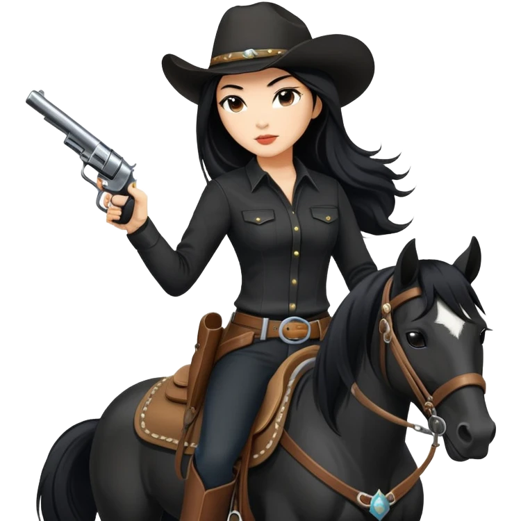 confident Asian woman with long black hair wearing black outfit riding a horse cowgirl style with a pistol emoji
