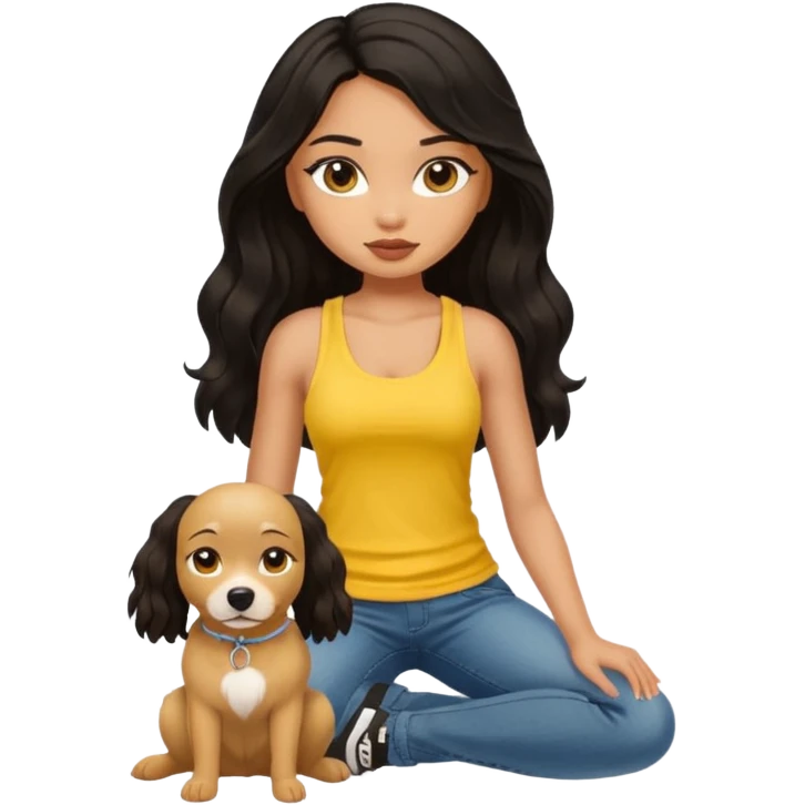 a tan pretty bratz girl with long wavy black hair, wearing a yellow tank top with a dog emoji