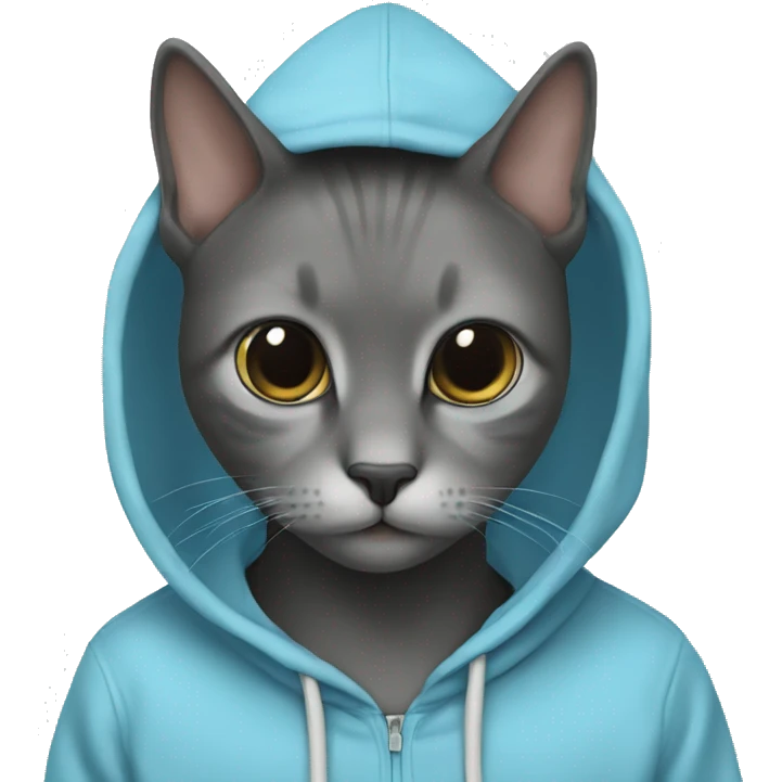 Cat wearing baby blue hoodie and a black MacBook emoji